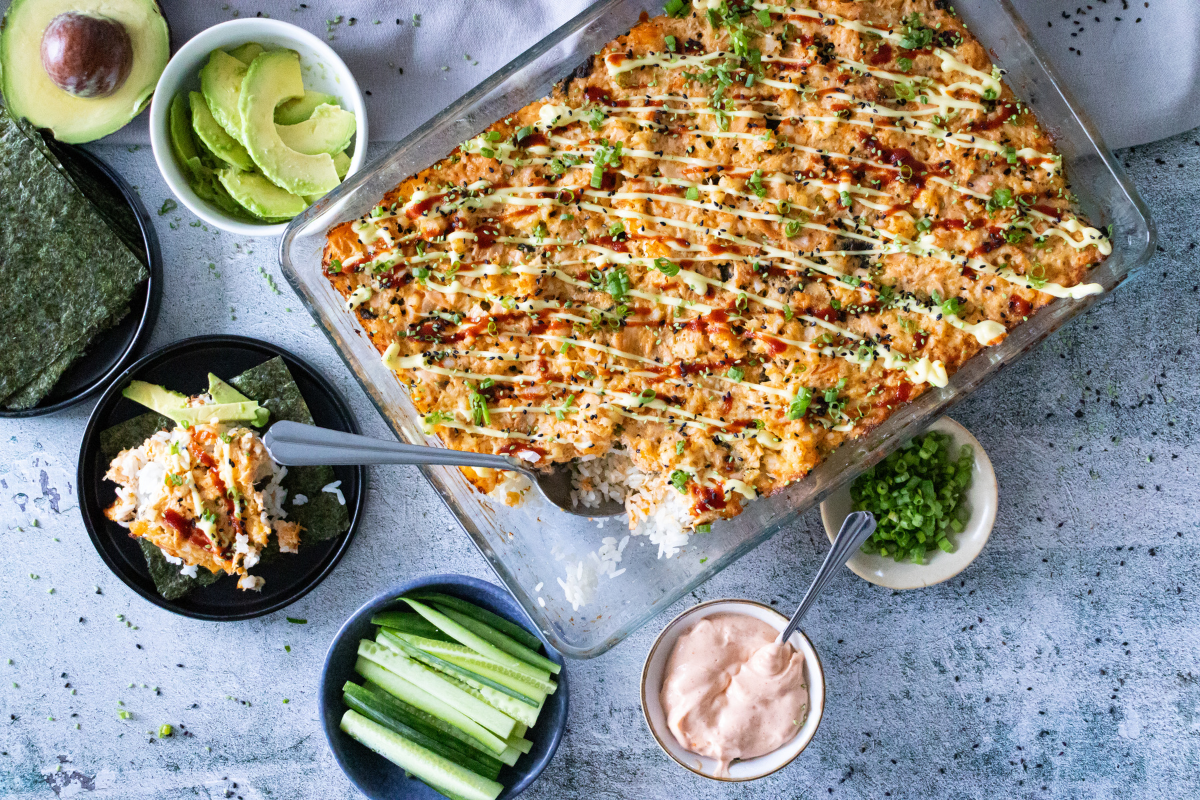 Ofnbakað sushi með laxi og risarækjum