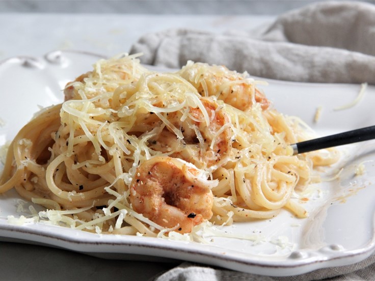 Mánudagur – Rjómaostapasta með risarækjum