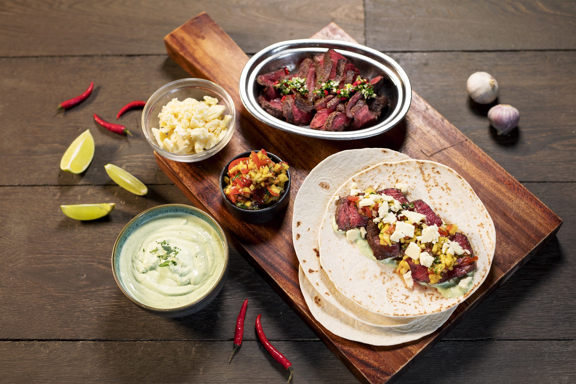 Steikartaco með guacamole og mangósalsa